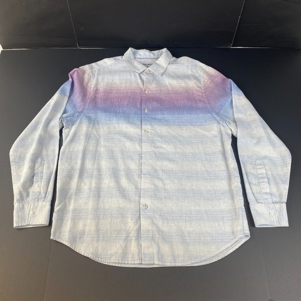 Tommy Bahama Shirt Mens Large Blue Purple Striped‎ Island Zone Linen Long Sleeve
